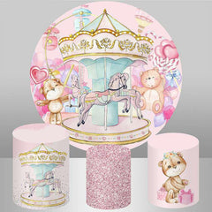 Aperturee - Round And Pink Carousel With Teddy Birthday Backdrop