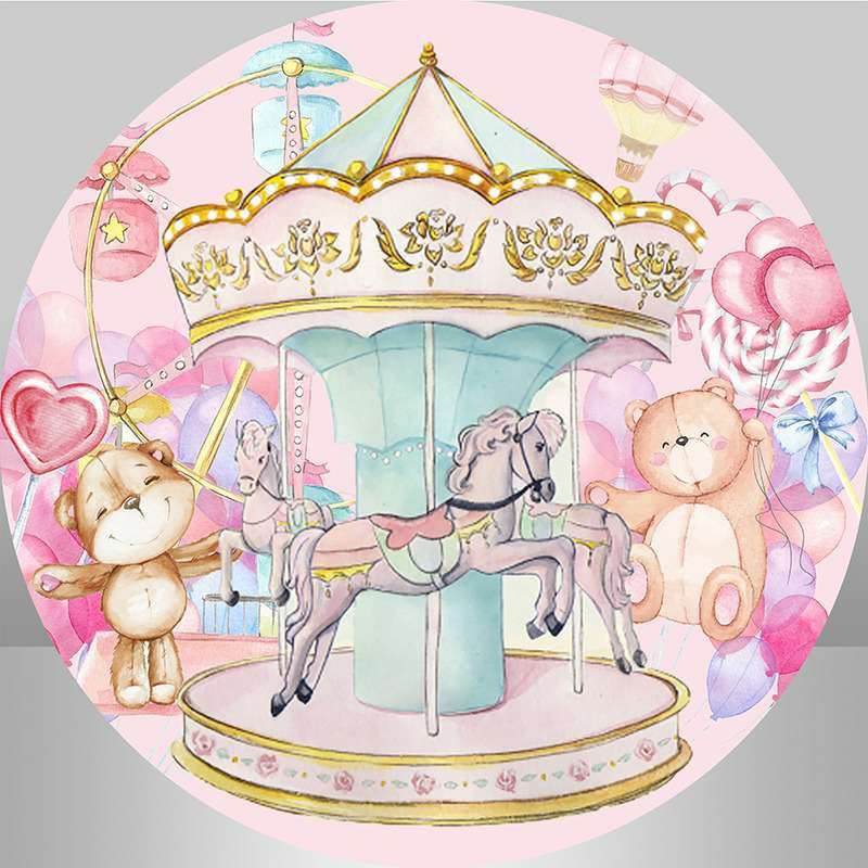 Aperturee - Round And Pink Carousel With Teddy Birthday Backdrop