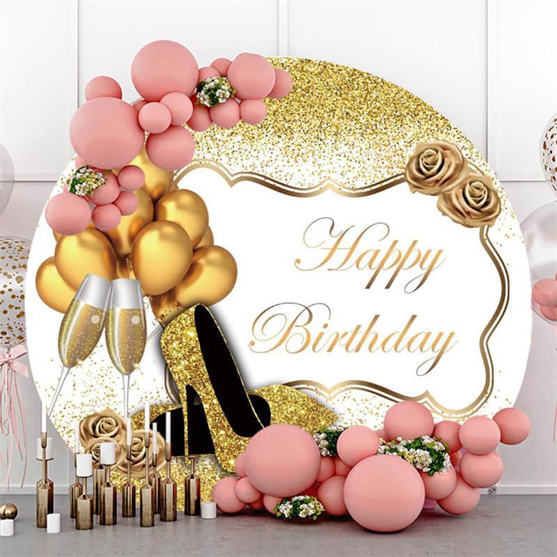 Aperturee Round Balloons Glitter Gold Happy Birthday Backdrop