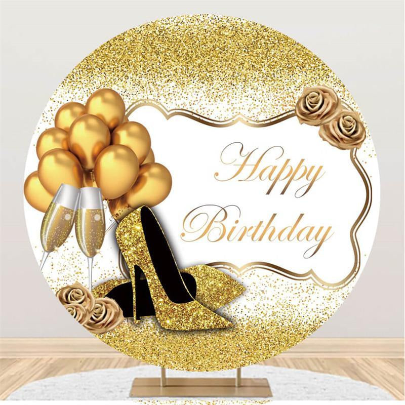 Aperturee Round Balloons Glitter Gold Happy Birthday Backdrop