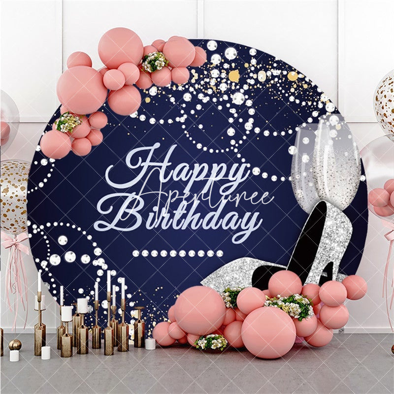 Aperturee Round Blue And Silver Pearl Happy Birthday Backdrop