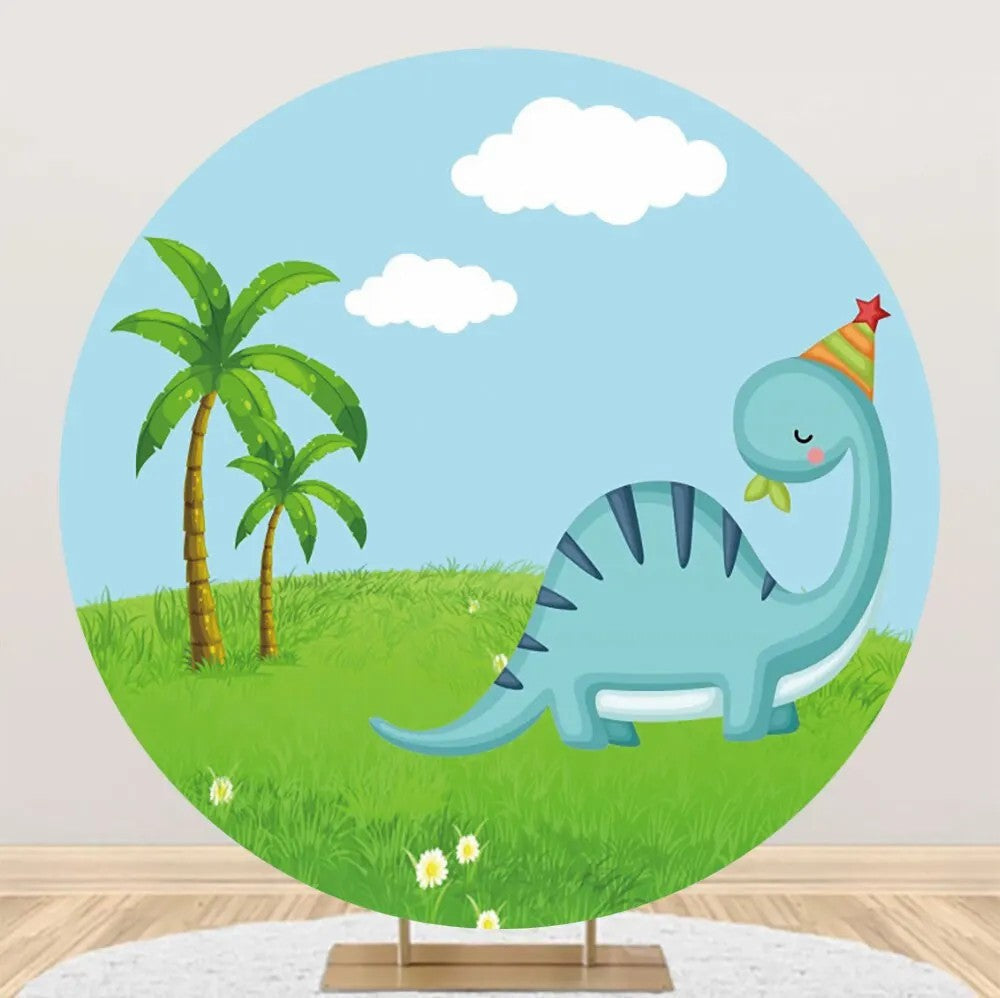 Aperturee - Round Blue Dinosaur Green Lawn Palm Trees Backdrop