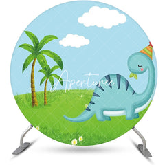 Aperturee - Round Blue Dinosaur Green Lawn Palm Trees Backdrop