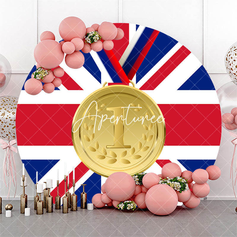 Aperturee - Round Blue Red Uk Flag Gold Metal Sports Backdrop