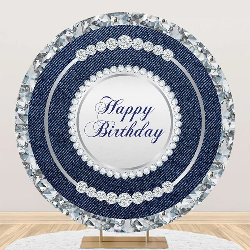 Aperturee - Round Blue Silver Diamond Denim Birthday Backdrop