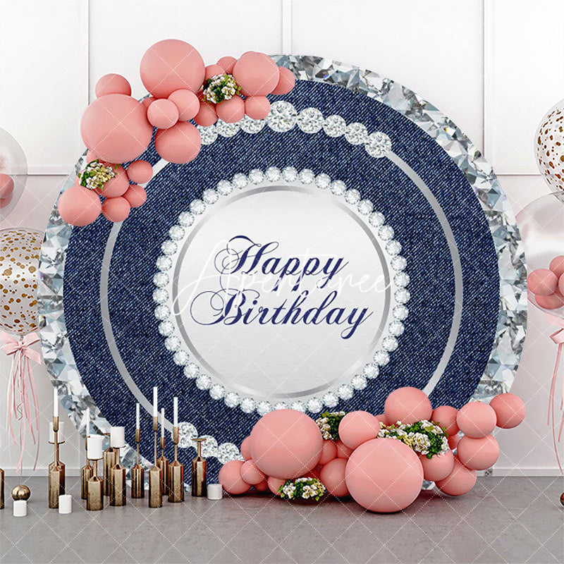 Aperturee - Round Blue Silver Diamond Denim Birthday Backdrop