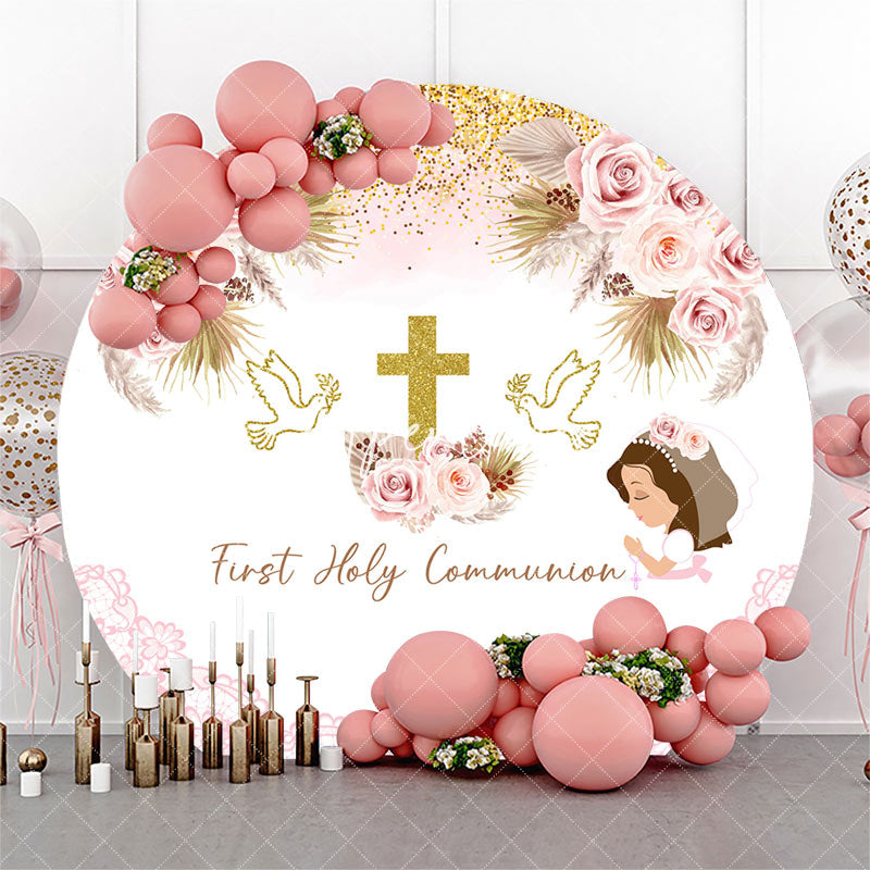 Aperturee - Round Boho Floral Holy Communion Baptism Backdrop