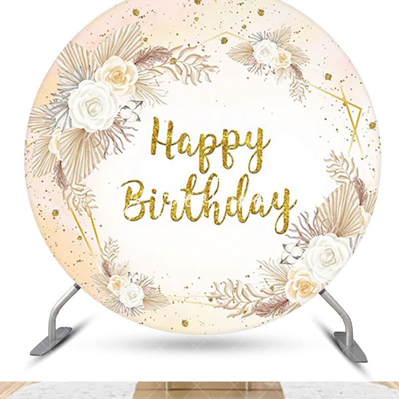 Aperturee - Round Boho Glitter Floral Happy Birthday Backdrop