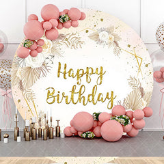 Aperturee - Round Boho Glitter Floral Happy Birthday Backdrop