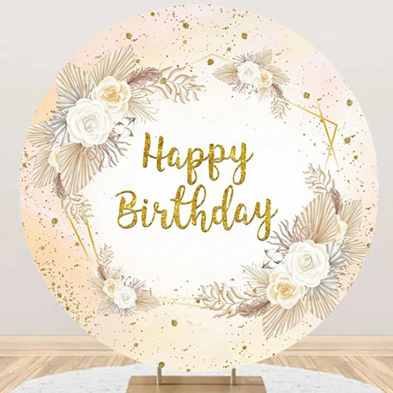 Aperturee - Round Boho Glitter Floral Happy Birthday Backdrop