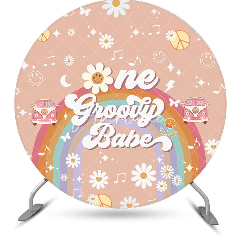 Aperturee - Round Boho Rainbow One Groovy Babe Birthday Backdrop