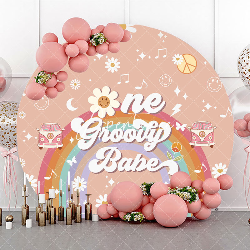 Aperturee - Round Boho Rainbow One Groovy Babe Birthday Backdrop