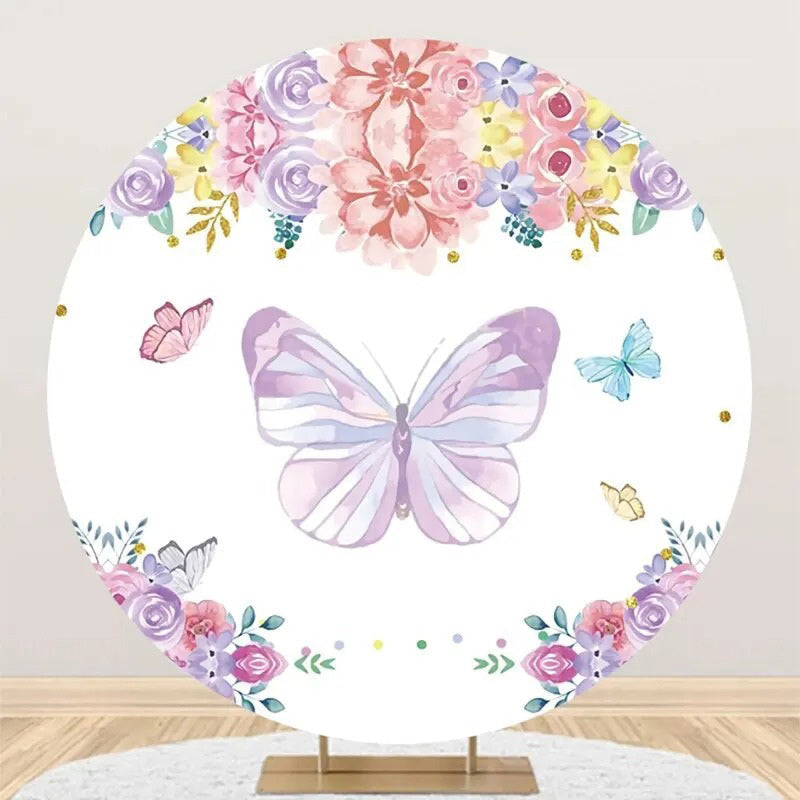 Aperturee - Round Butterfly Colorful Floral Birthday Backdrop