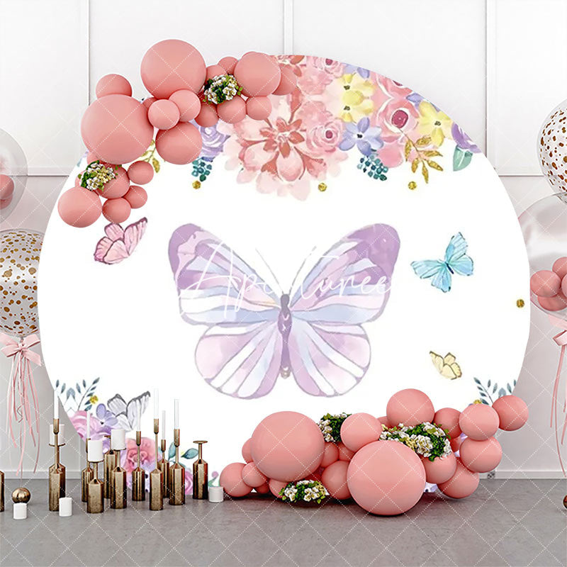 Aperturee - Round Butterfly Colorful Floral Birthday Backdrop