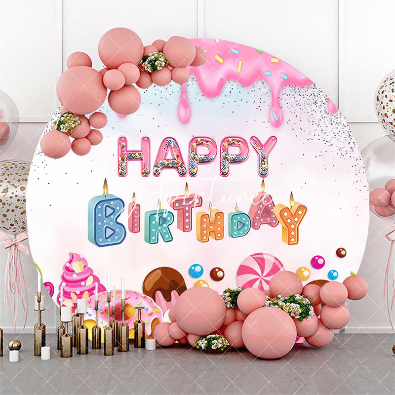 Aperturee - Round Candyland Donuts Cream Happy Birthday Backdrop