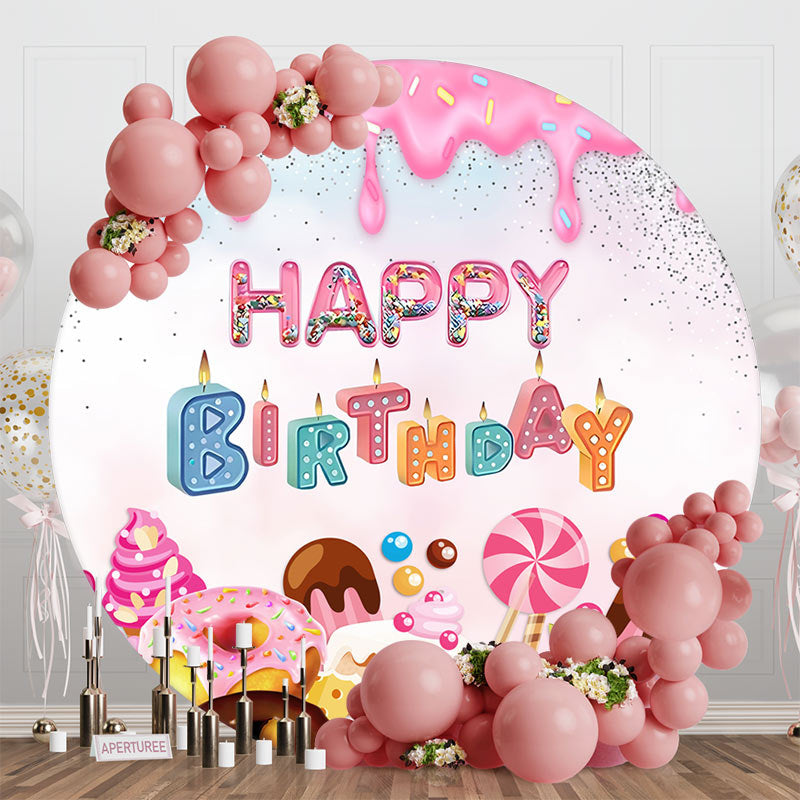 Aperturee - Round Candyland Donuts Cream Happy Birthday Backdrop