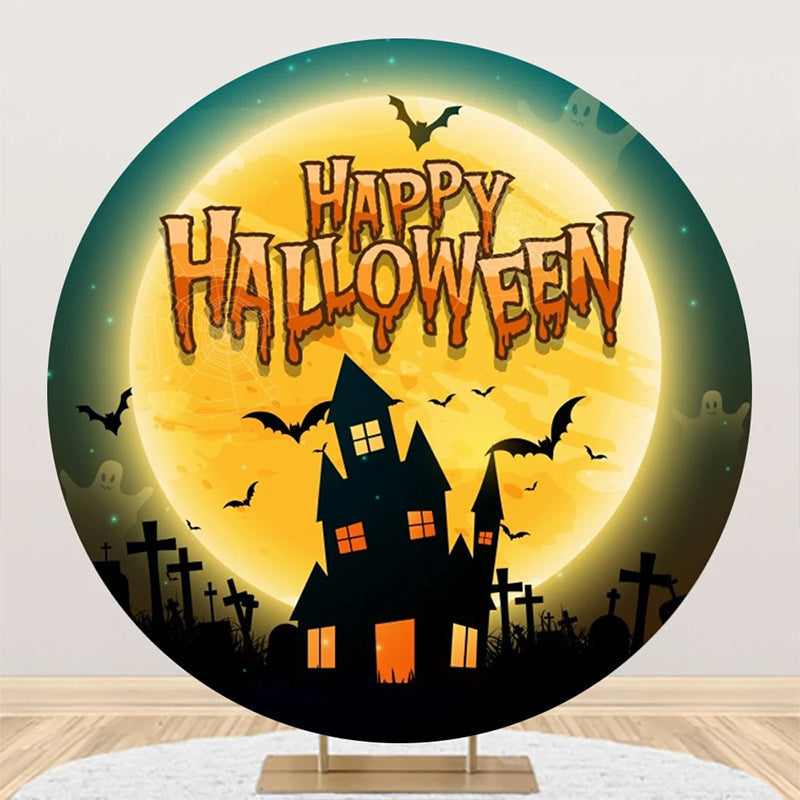 Aperturee - Round Castle Moon Bat Ghost Happy Halloween Backdrop