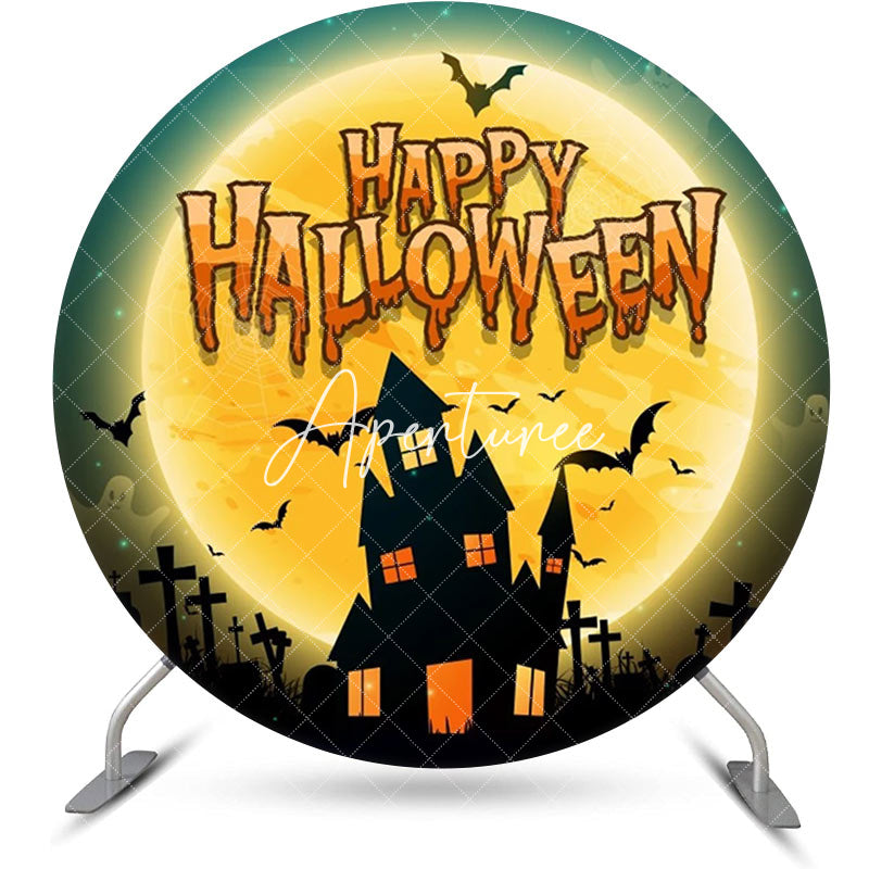 Aperturee - Round Castle Moon Bat Ghost Happy Halloween Backdrop