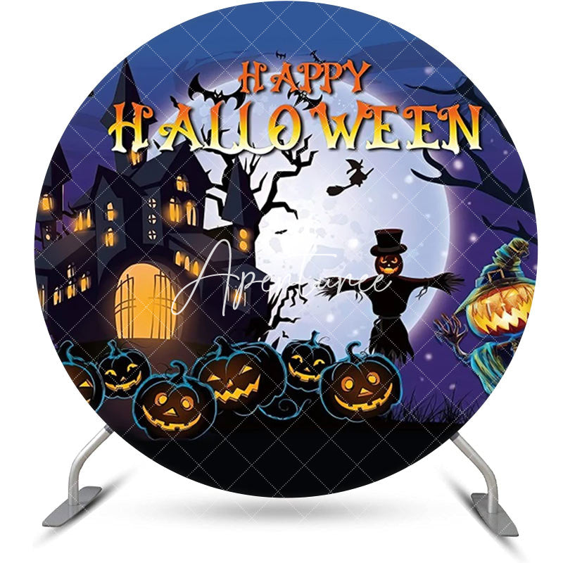 Aperturee - Round Castle Moon Night Pumpkin Halloween Backdrop