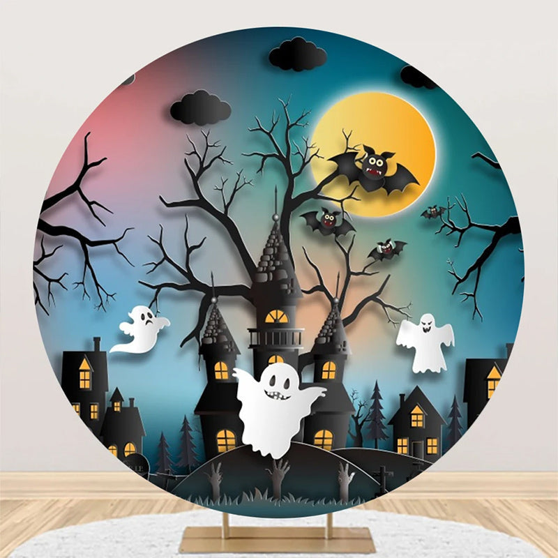 Aperturee - Round Castle Trunk Ghost Bats Halloween Backdrop