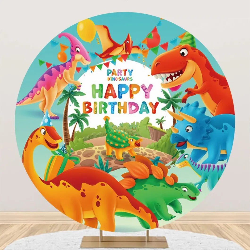 Aperturee - Round Colorful Dinosaurs Backdrop For Birthday Party