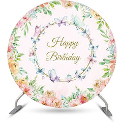 Aperturee - Round Colorful Floral Butterfly Birthday Backdrop