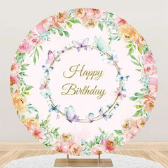 Aperturee - Round Colorful Floral Butterfly Birthday Backdrop