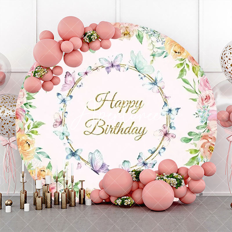 Aperturee - Round Colorful Floral Butterfly Birthday Backdrop