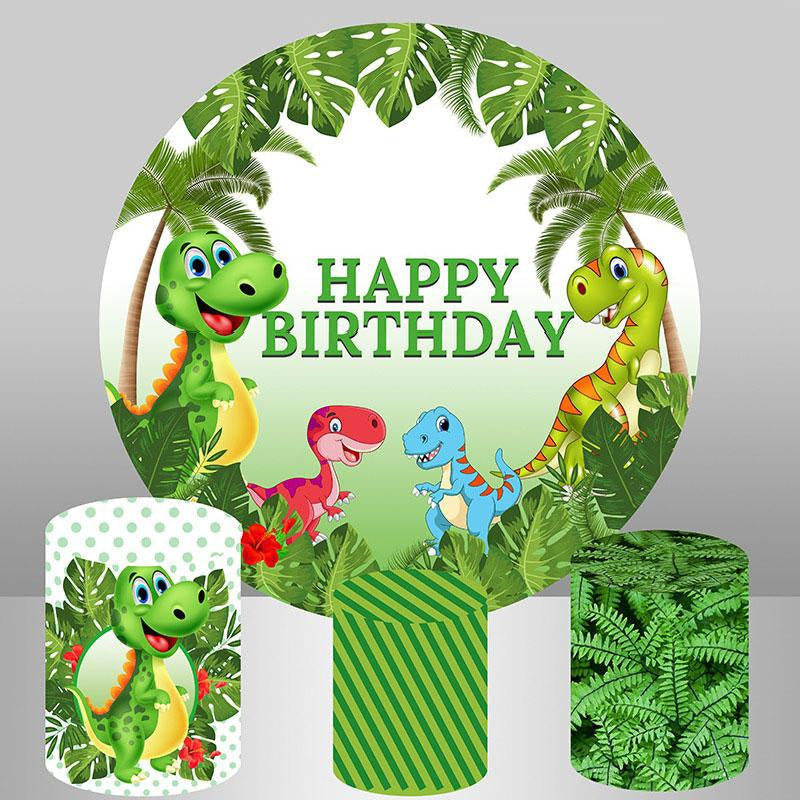 Aperturee Round Dinosaur And Green Leaves Happy Birthday Backdrop