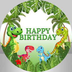 Aperturee - Round Dinosaur And Green Leaves Happy Birthday Backdrop