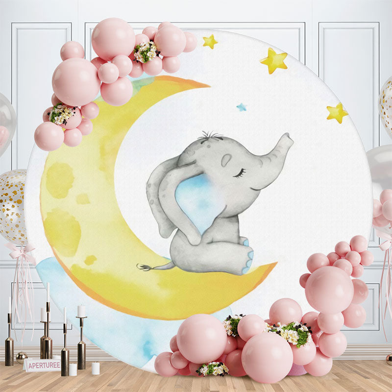 Aperturee - Round Elephant Moon With Star Round Baby Shower Backdrop