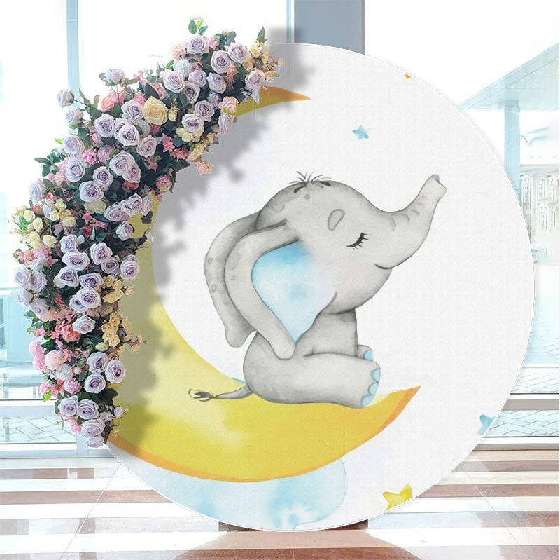 Aperturee - Round Elephant Moon With Star Round Baby Shower Backdrop