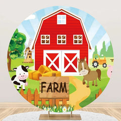 Aperturee - Round Farm Red Barn Animals Tree Birthday Backdrop