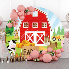 Aperturee - Round Farm Red Barn Animals Tree Birthday Backdrop