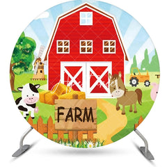 Aperturee - Round Farm Red Barn Animals Tree Birthday Backdrop