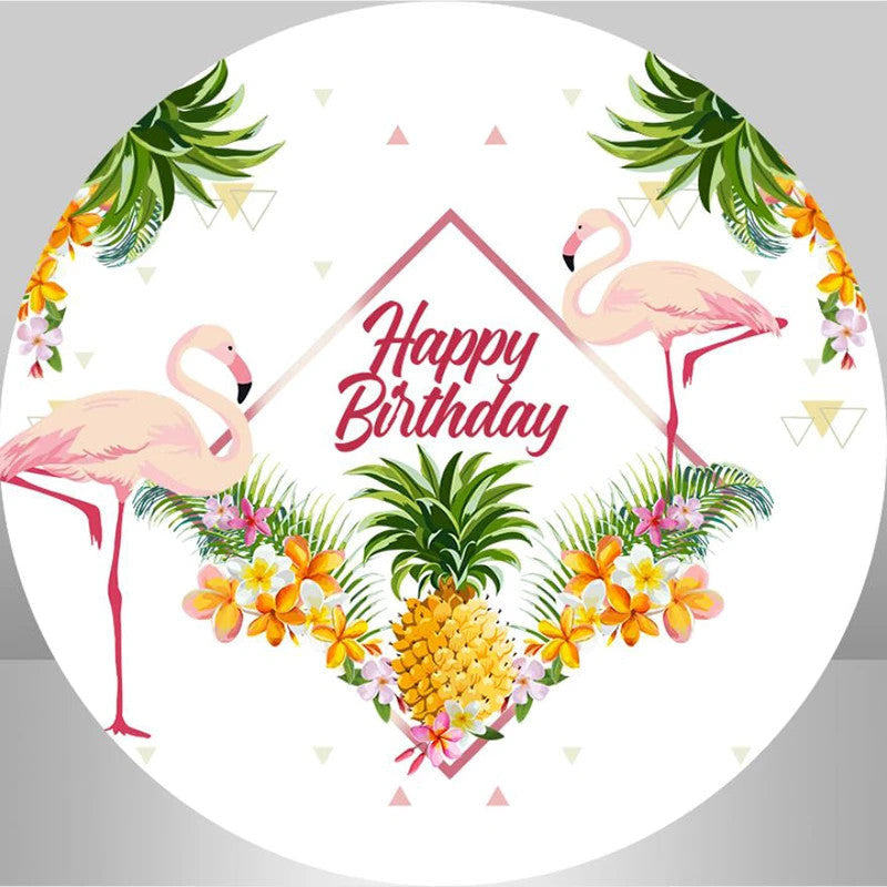 Aperturee - Round Flamingo Summer Happy Birthday Backdrop Kit