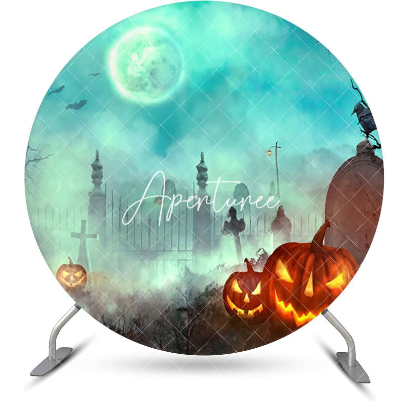 Aperturee - Round Foggy Moon Night Cemetery Halloween Backdrop