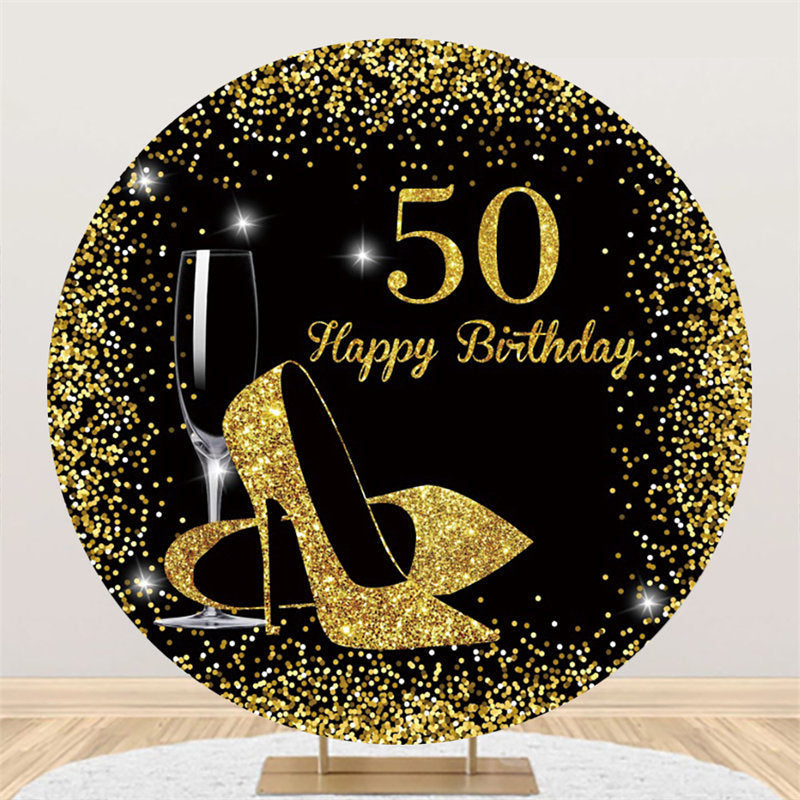 Aperturee Round Glitter Black Gold Happy 50Th Birthday Backdrop