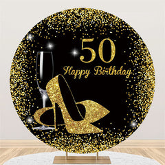 Aperturee Round Glitter Black Gold Happy 50Th Birthday Backdrop