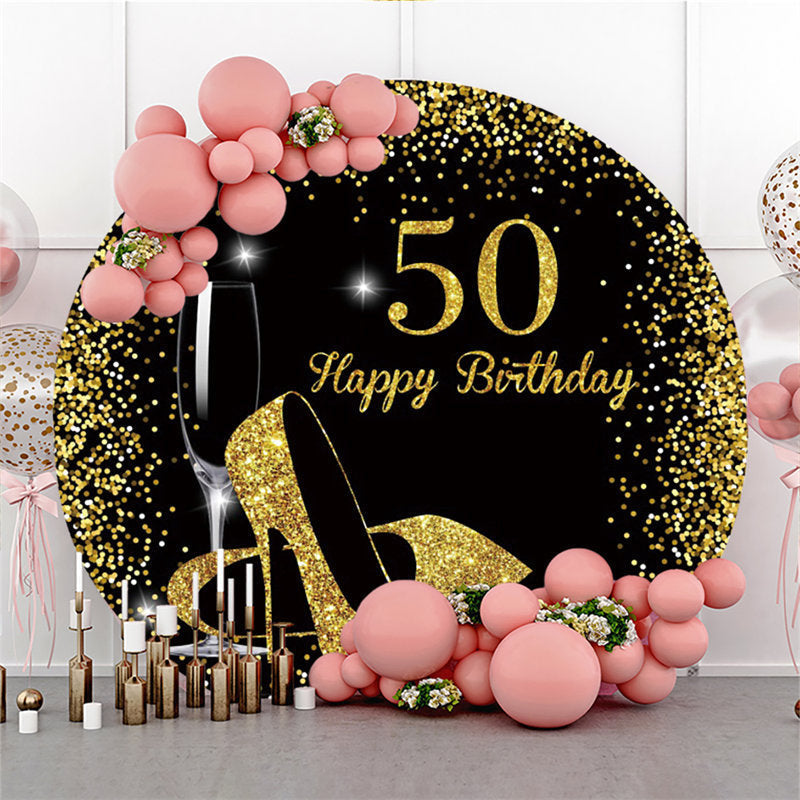 Aperturee Round Glitter Black Gold Happy 50Th Birthday Backdrop