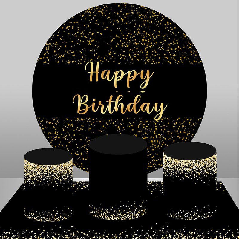 Aperturee Round Glitter Gold And Black Happy Birthday Backdrop