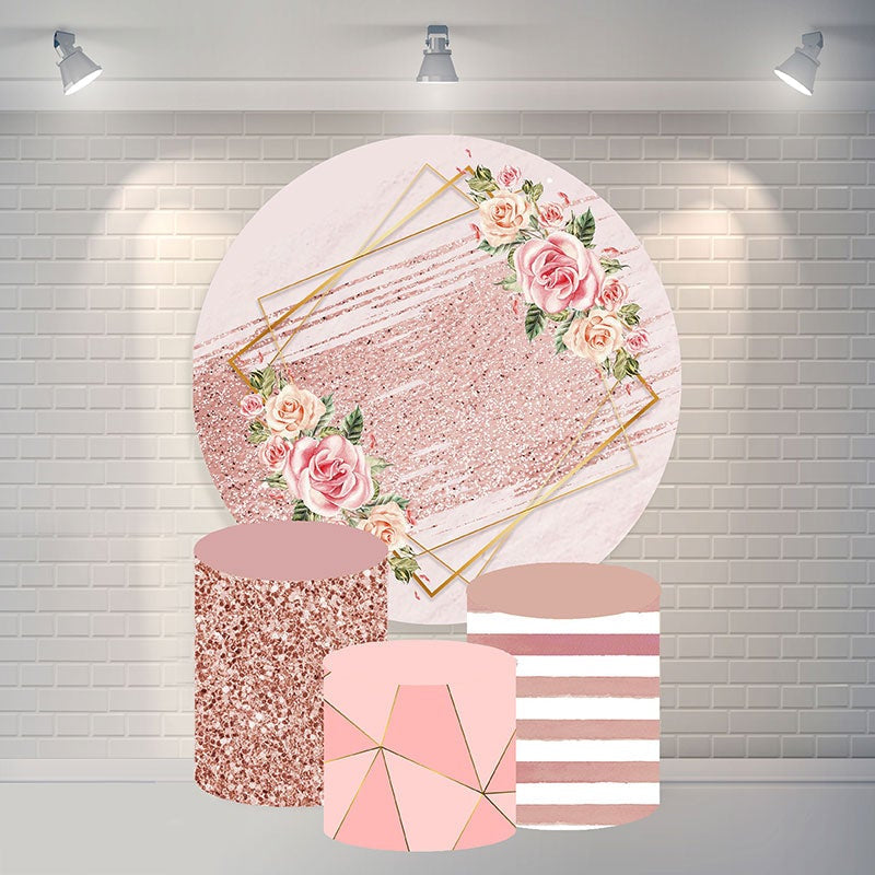 Aperturee Round Glitter Rose Gold Flower Happy Birthday Backdrop