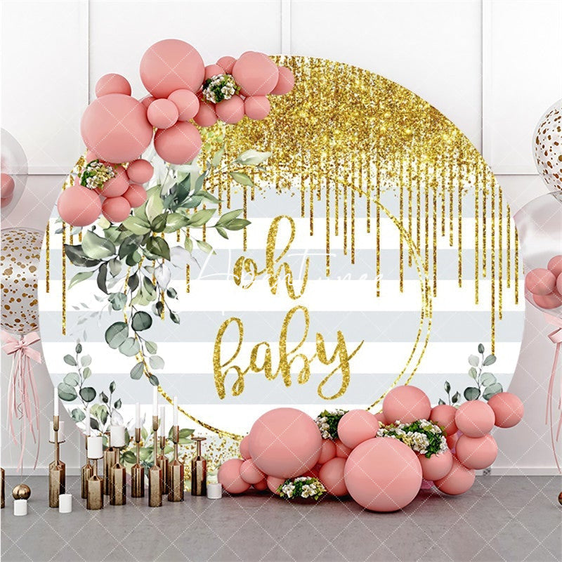 Aperturee Round Glitter Yellow Oh Baby Stripe Baby Shower Backdrop