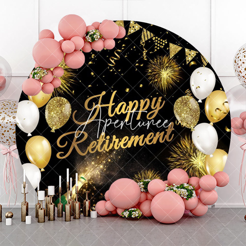 Aperturee - Round Gold Glitter Balloon Happy Retirement Backdrop