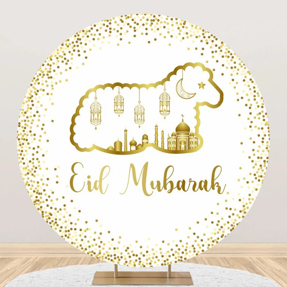 Aperturee - Round Gold Glitter Sheep Round Eid Mubarak Backdrop