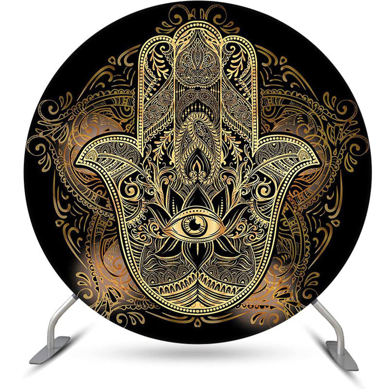 Aperturee - Round Gold Mysterious Mandala Hamasa Hand Backdrop