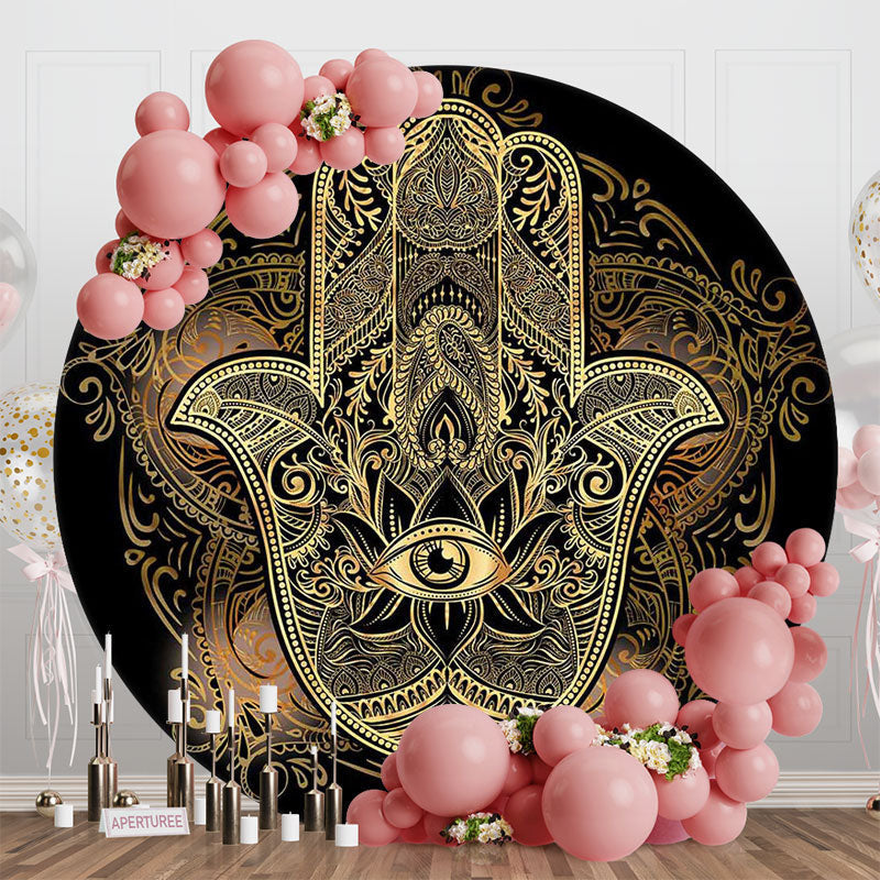 Aperturee - Round Gold Mysterious Mandala Hamasa Hand Backdrop