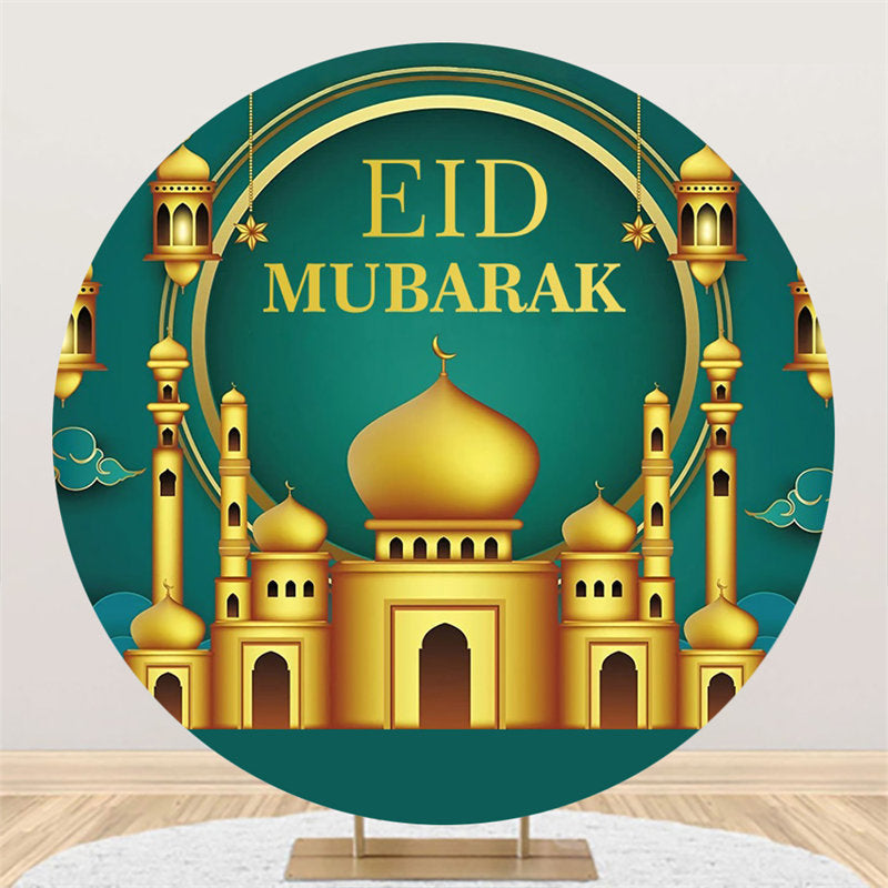 Aperturee - Round Gold Palace Lantern Green Eid Mubarak Backdrop