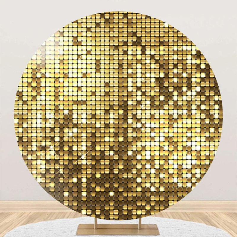 Aperturee - Round Golden Metal Plaid Pattern Birthday Backdrop