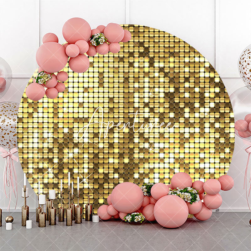 Aperturee - Round Golden Metal Plaid Pattern Birthday Backdrop